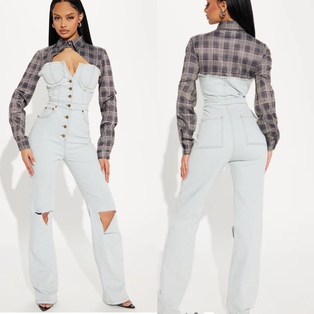 Fashion Nova Plaid and Light Blue Jumpsuit